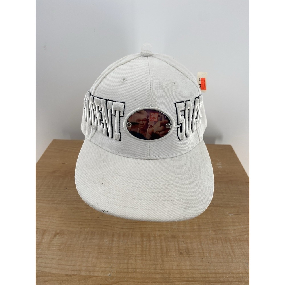 Vintage‎ 50 Cent Fitted Wool Blend Hat White Hip Hop Style Size 7 1/2